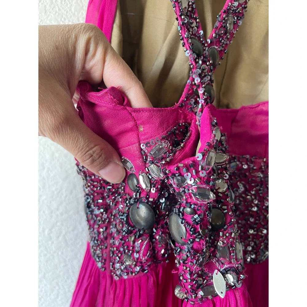 Y2k Adrianna Papell Evening Magenta Pink Beaded Halter Chiffon Gown Dress Xsmall